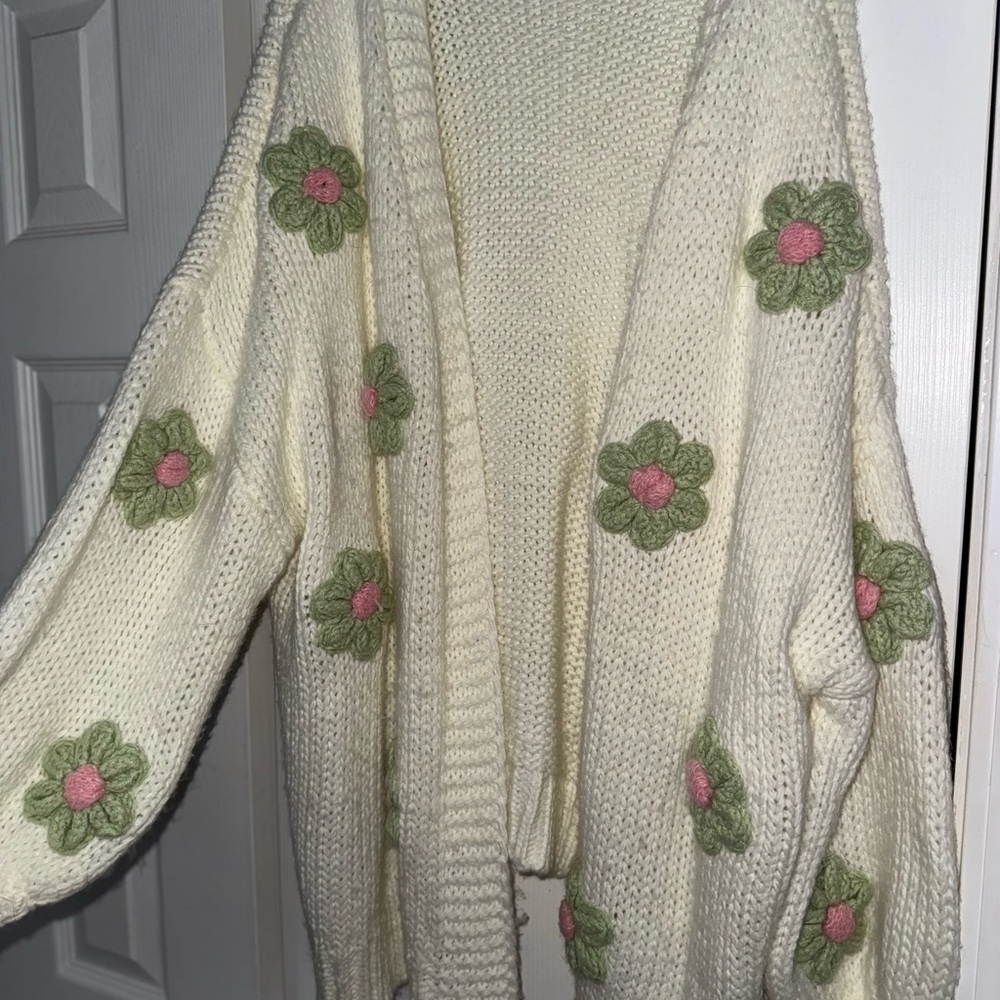 ARULA Cream Cardigan with Green and Pink Floral Accents